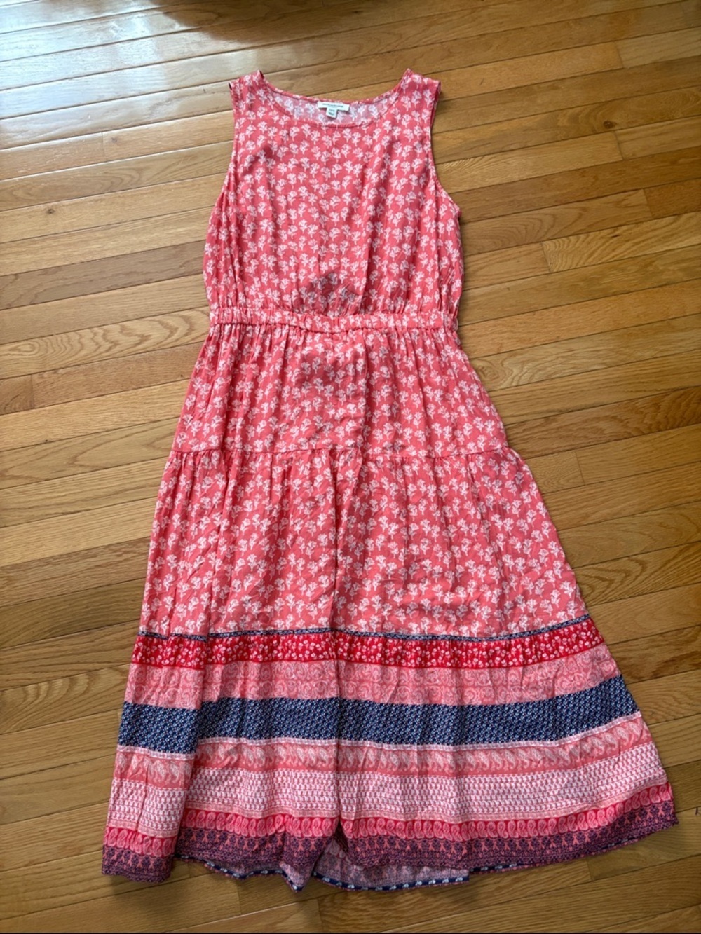 beachlunchlounge Coral-Pink Floral Tiered Midi Dress with Navy Border Stripes